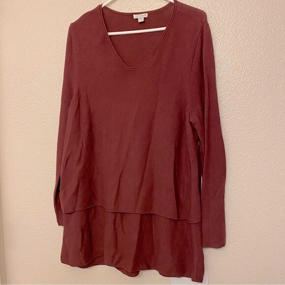 J. Jill Pure burgundy red Pull over long tunic v neck tiered modal sweater -L - Picture 2 of 11